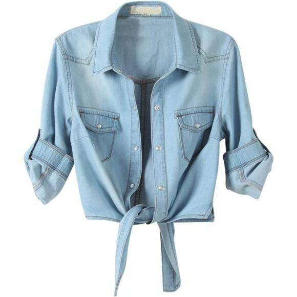 Womens Chambray Tie Front Crop Top Denim Shirt 34 Sleeve Button Down - Picture 1 of 7
